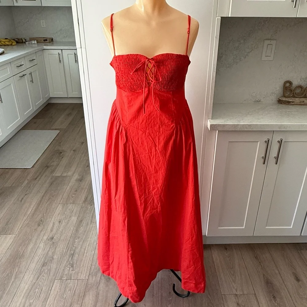 NWT Free People Red Fifi Midi Dress Spaghetti Strap Smocked Top Size Large $98 - Picture 2 of 9